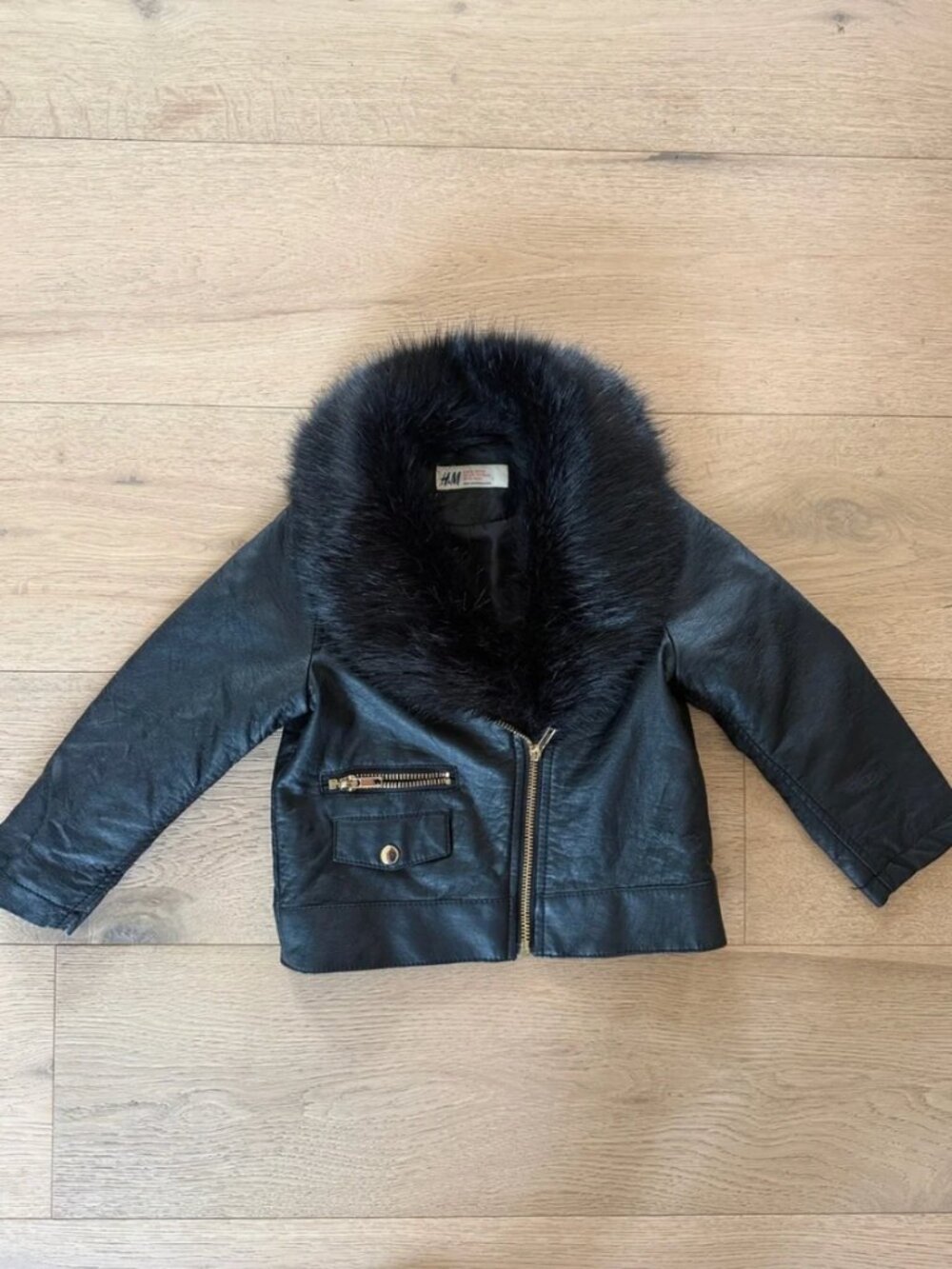 H&M Fall Kids Black Faux Leather Jacket with Black Faux Fur Collar 2T